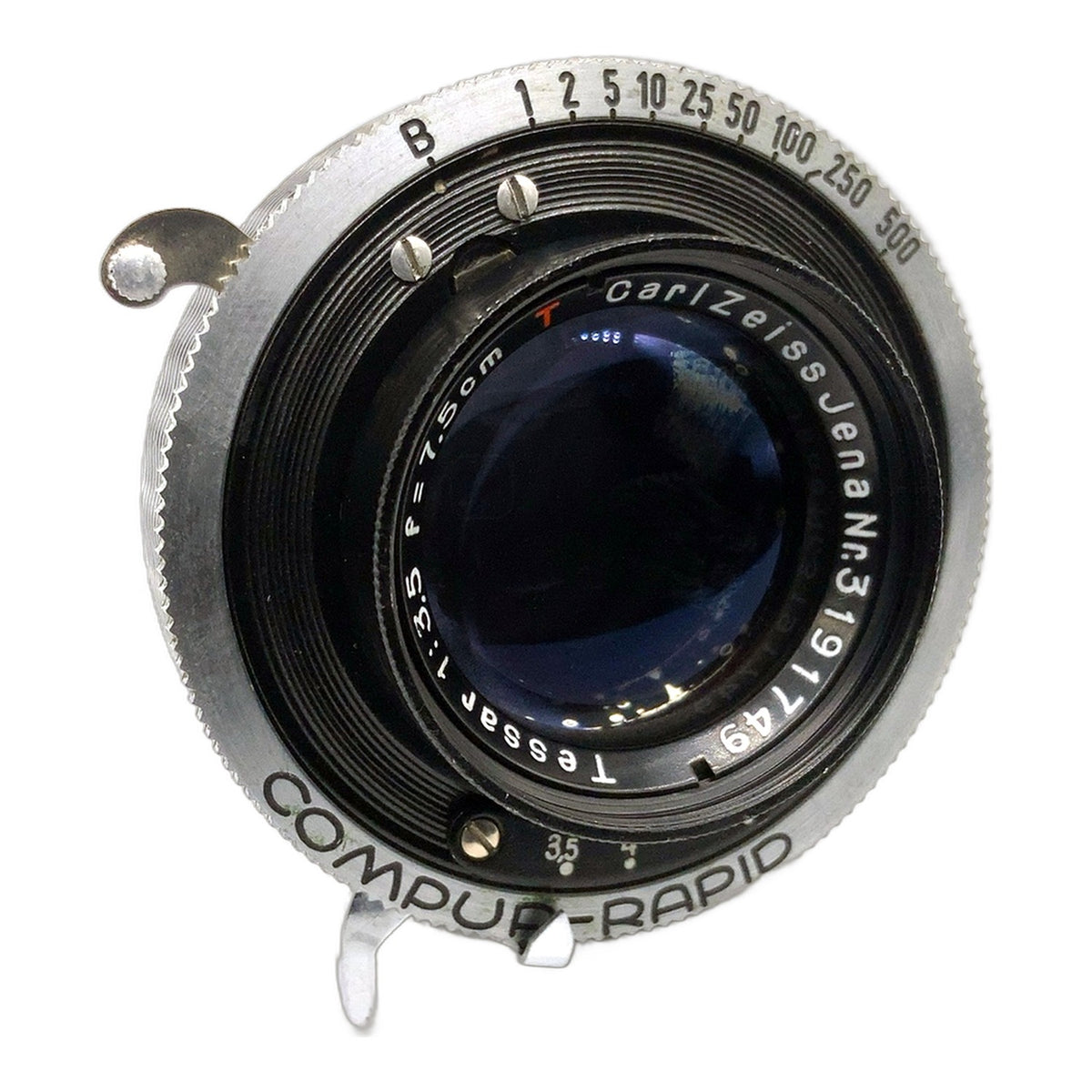 Carl Zeiss Jena Tessar red T 7.5cm 1:3.5 Objektiv Compur-Rapid (25mm Gewinde)