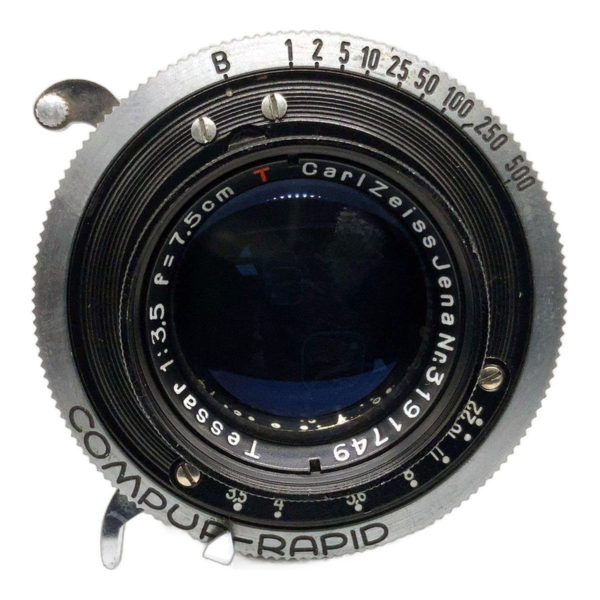 Carl Zeiss Jena Tessar red T 7.5cm 1:3.5 Objektiv Compur-Rapid (25mm Gewinde)