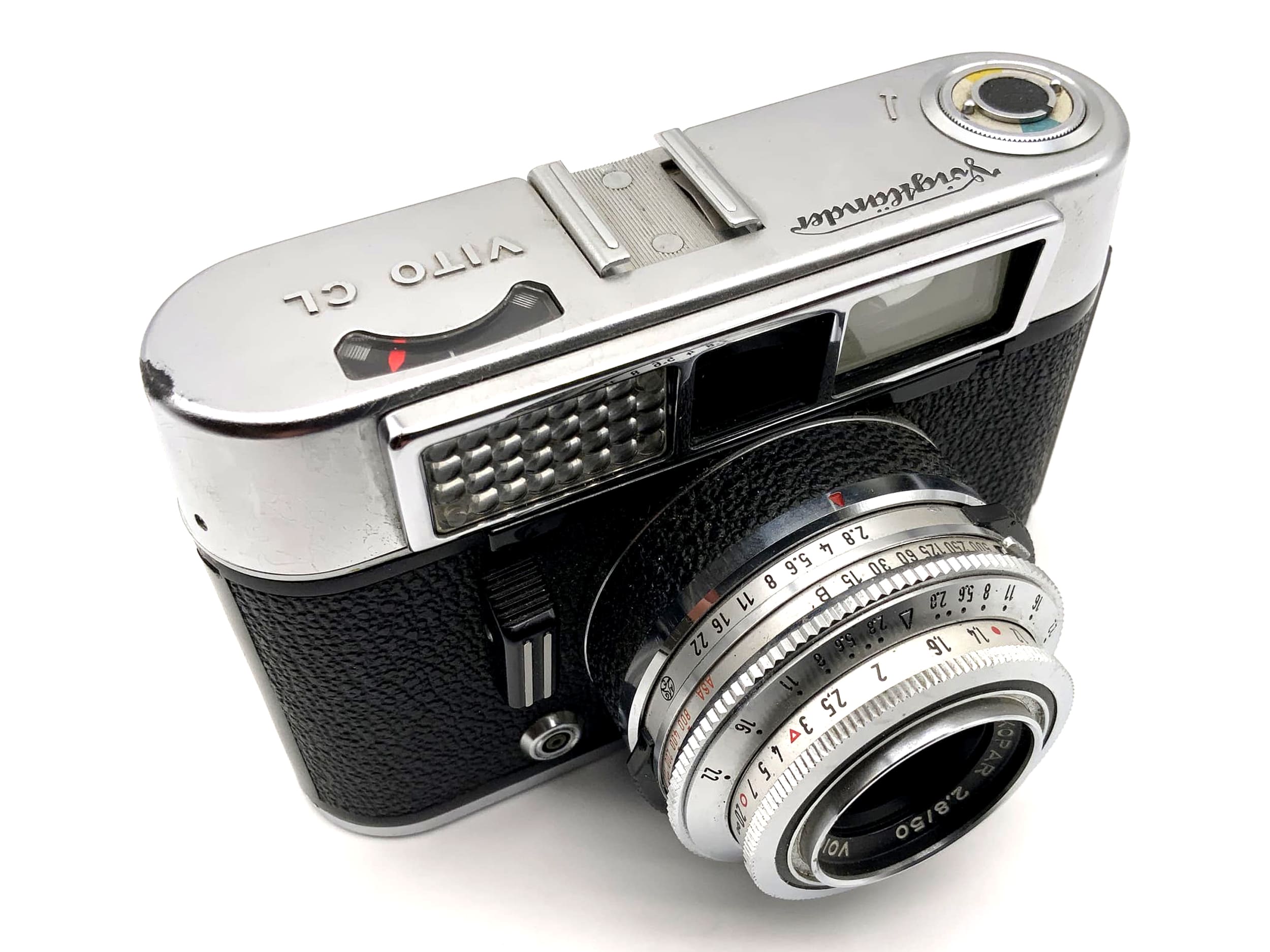 Voigtländer Vito CL rangefinder camera with Skopar 50mm 1:2.8 and 35mm Pronto LK lenses.