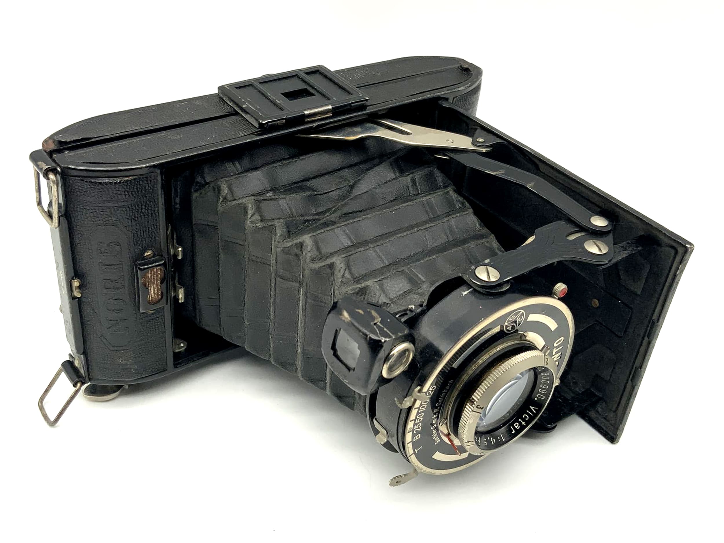 Noris Klappkamera mit Victar 1:4.5 F=10,5cm Ludwig Dresden Pronto