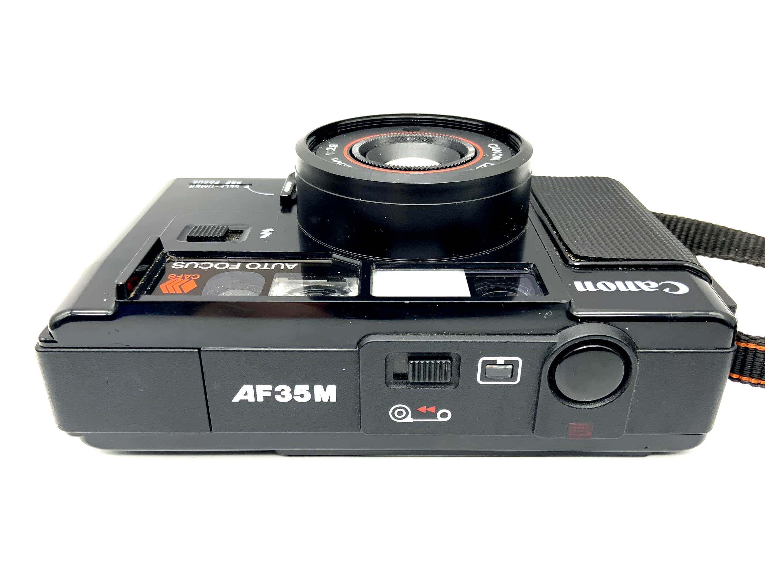 Appareil photo compact Canon AF35M avec objectif 38 mm f/2.8, autofocus AF, format 35 mm.