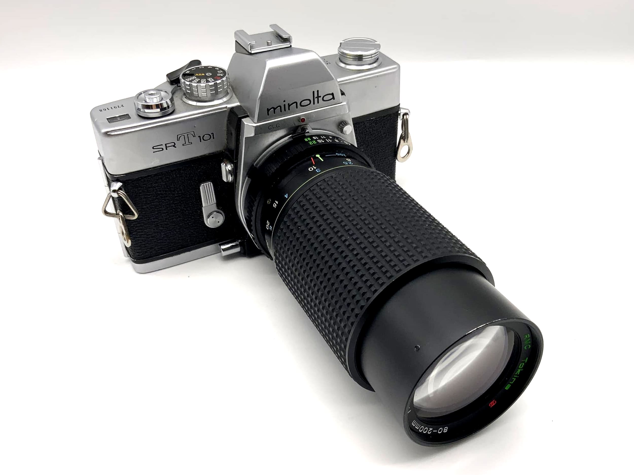 Minolta SRT101 with Tokina RMC 4.5 80-200mm SLR camera, 35mm