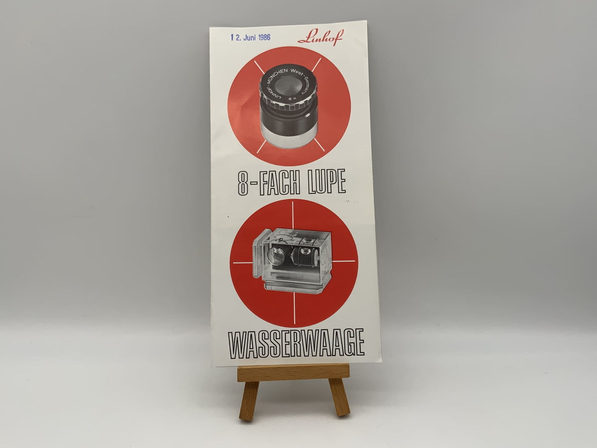 Brochure en allemand de la loupe Linhof 8x et du niveau à bulle