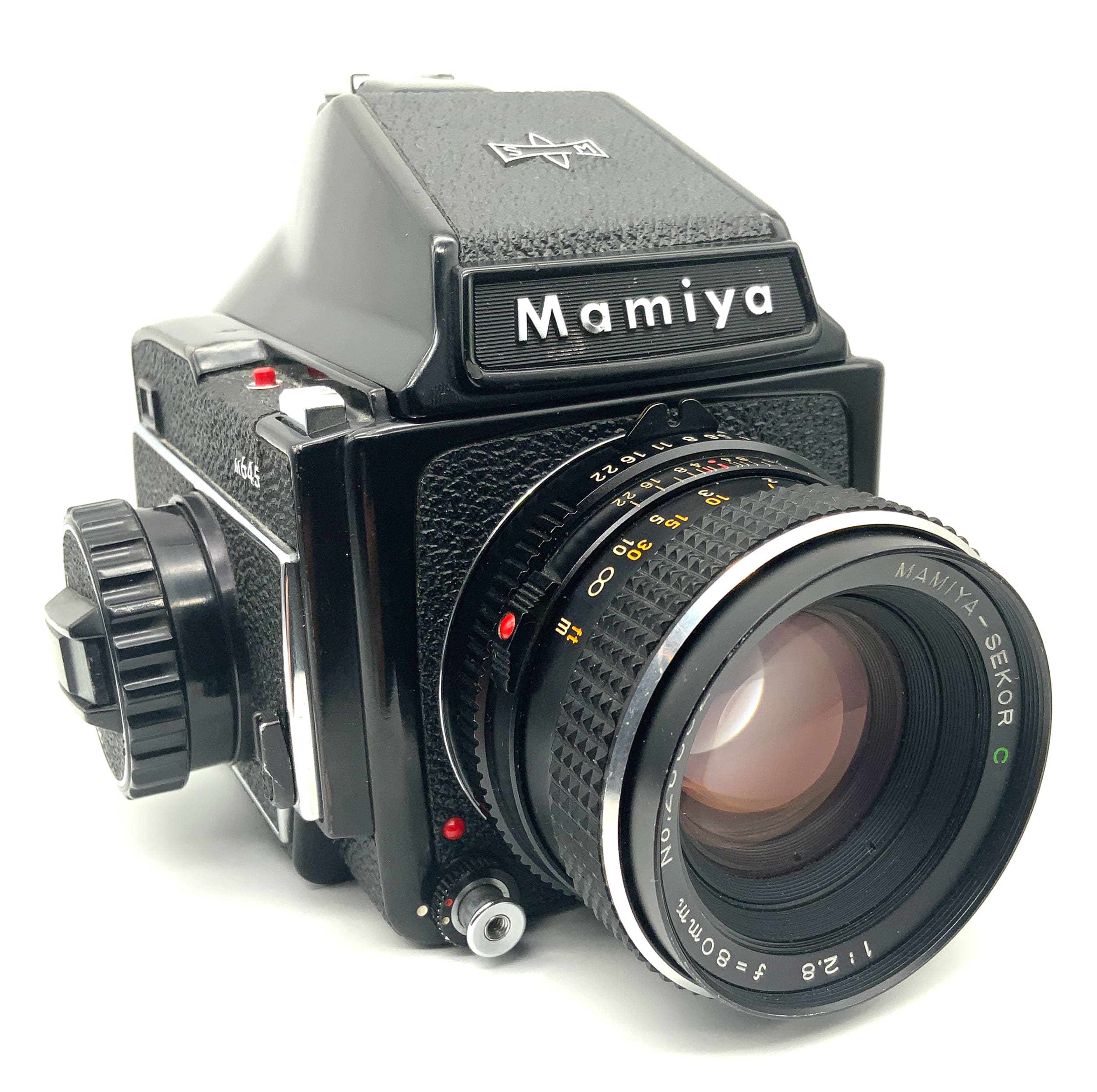 Mamiya M645 Mittelformatkamera mit Sekor C 80mm 1:2.8 mit Magazin und Prisma