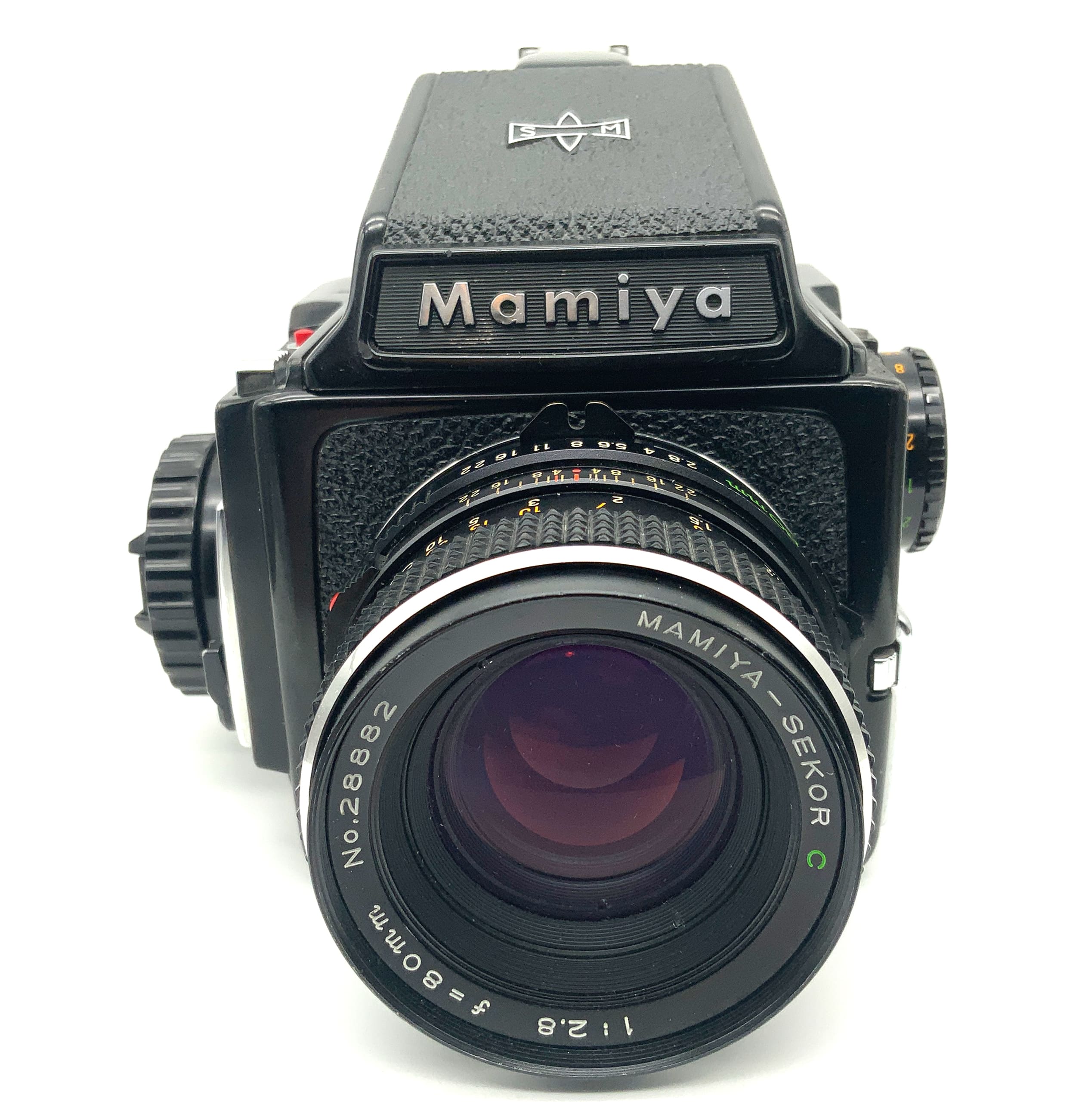 Mamiya M645 Mittelformatkamera mit Sekor C 80mm 1:2.8 mit Magazin und Prisma