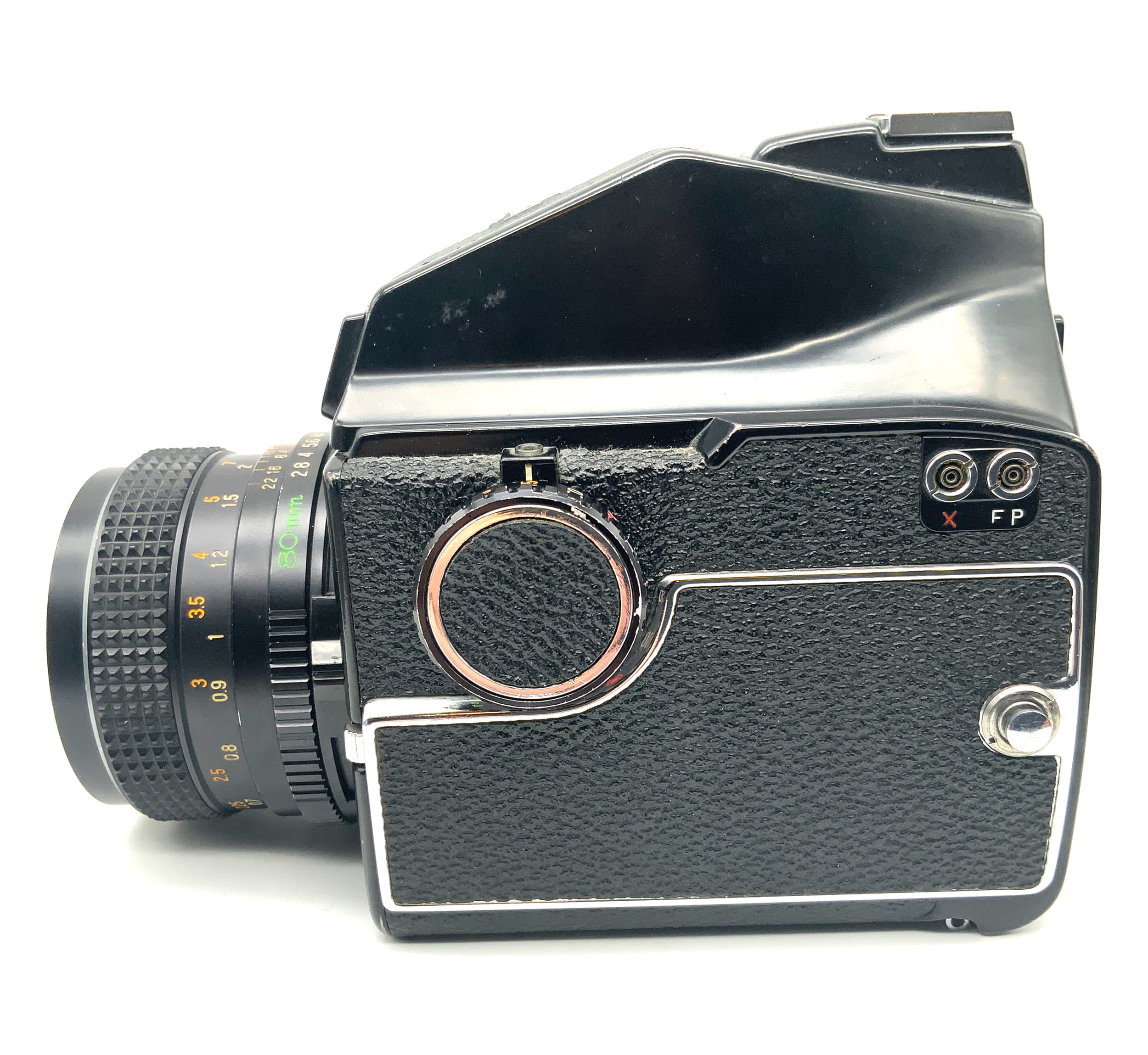 Mamiya M645 Mittelformatkamera mit Sekor C 80mm 1:2.8 mit Magazin und Prisma