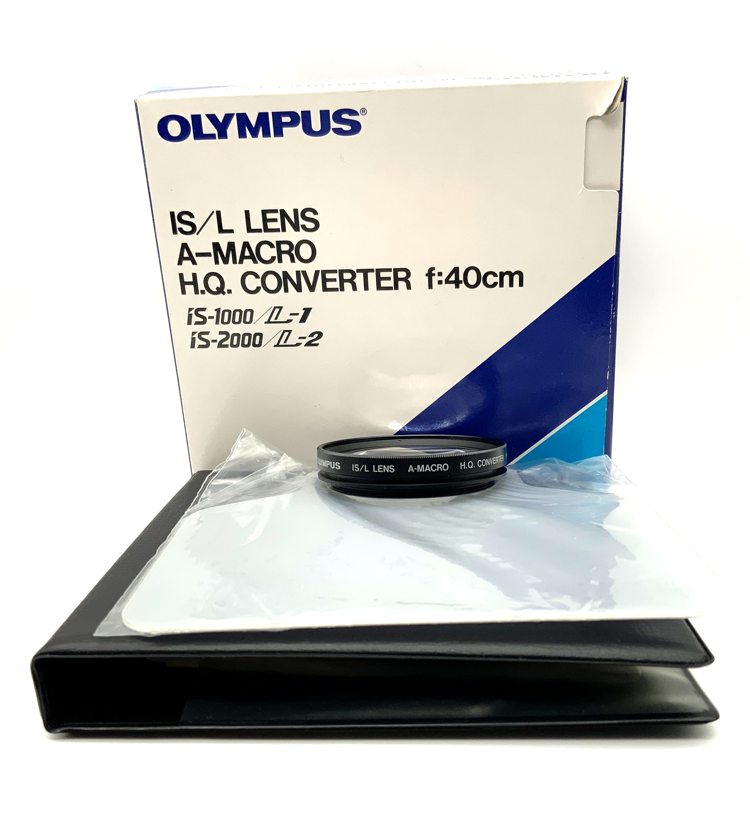 Objectif Olympus Macro IS/L, convertisseur A-Macro HQ, focale f/40 cm, filtre IS-1000/L-1, 49 mm