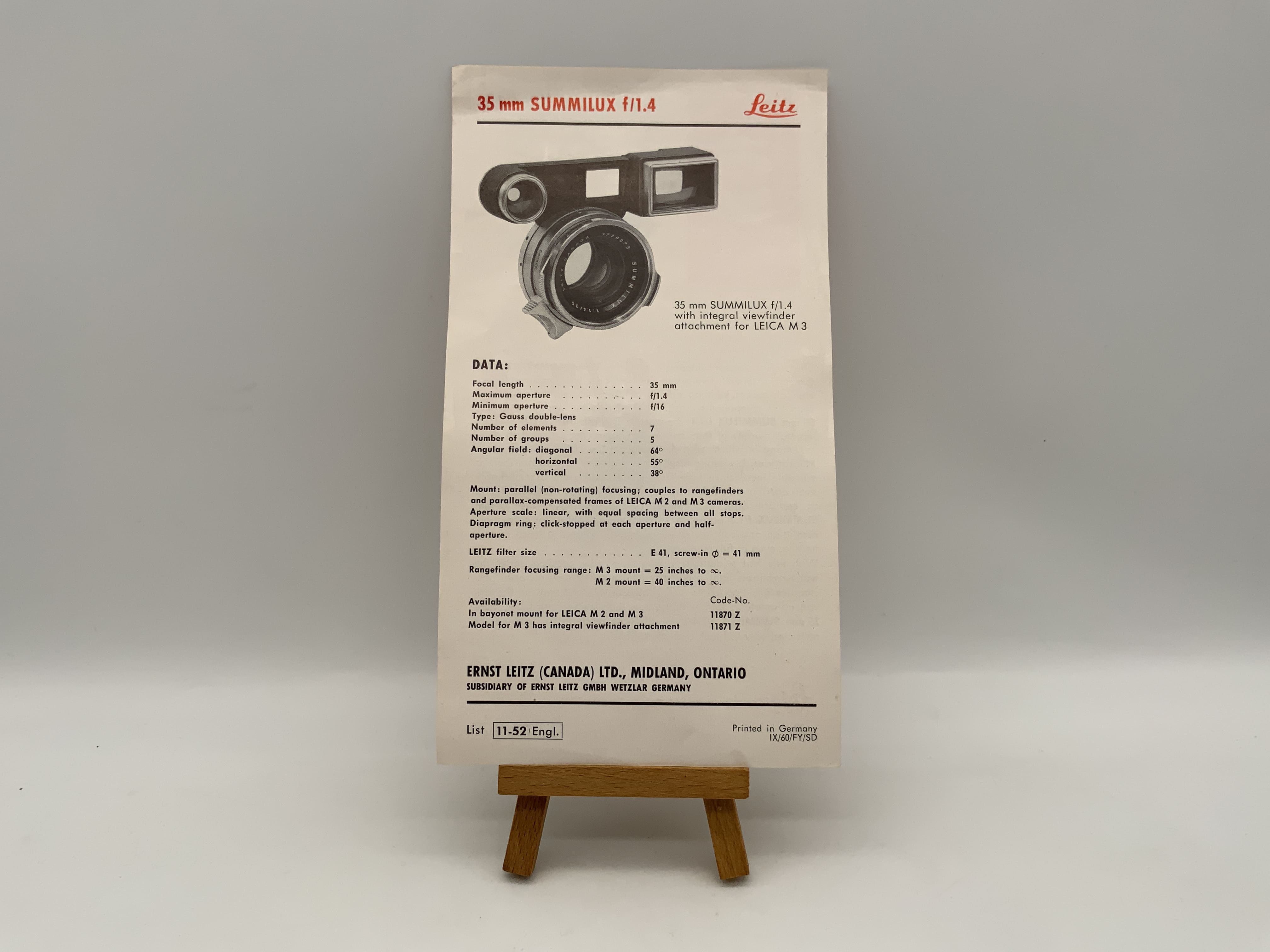 Leitz Summilux 1:1.4 35mm Prospekt Englisch