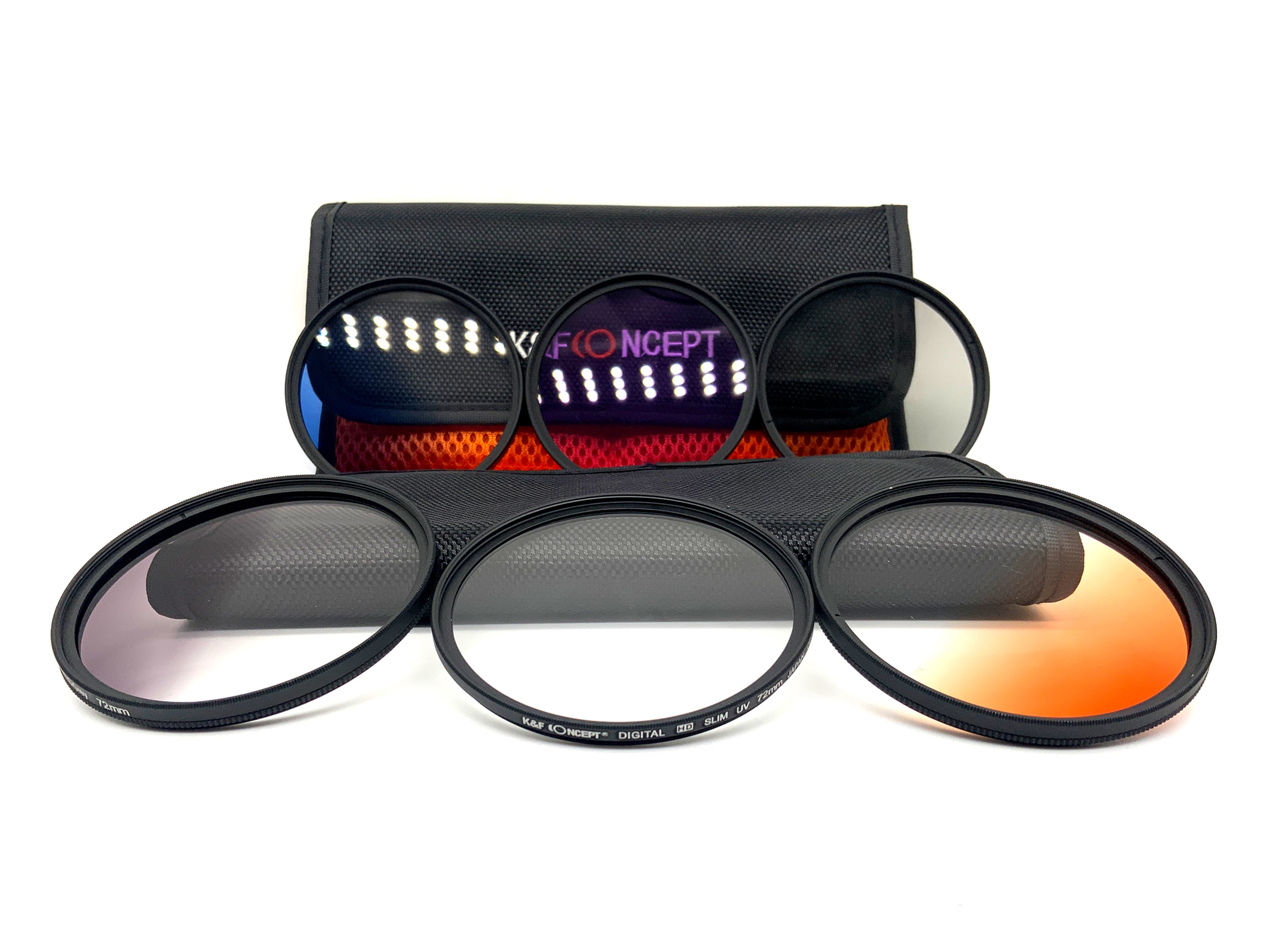 K&F Concept 6x Filterset UV, CPL, FLD, Verlaufsfilter Orange/Blue/Grey+Case 72mm