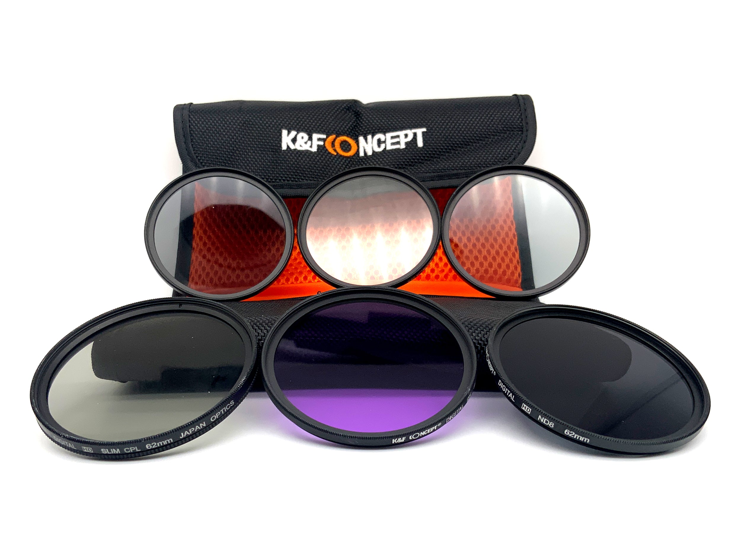K&F Concept 6er Filterset UV, FLD,CPL, Verlaufsfilter Orange/Blue/Grey+Case 62mm