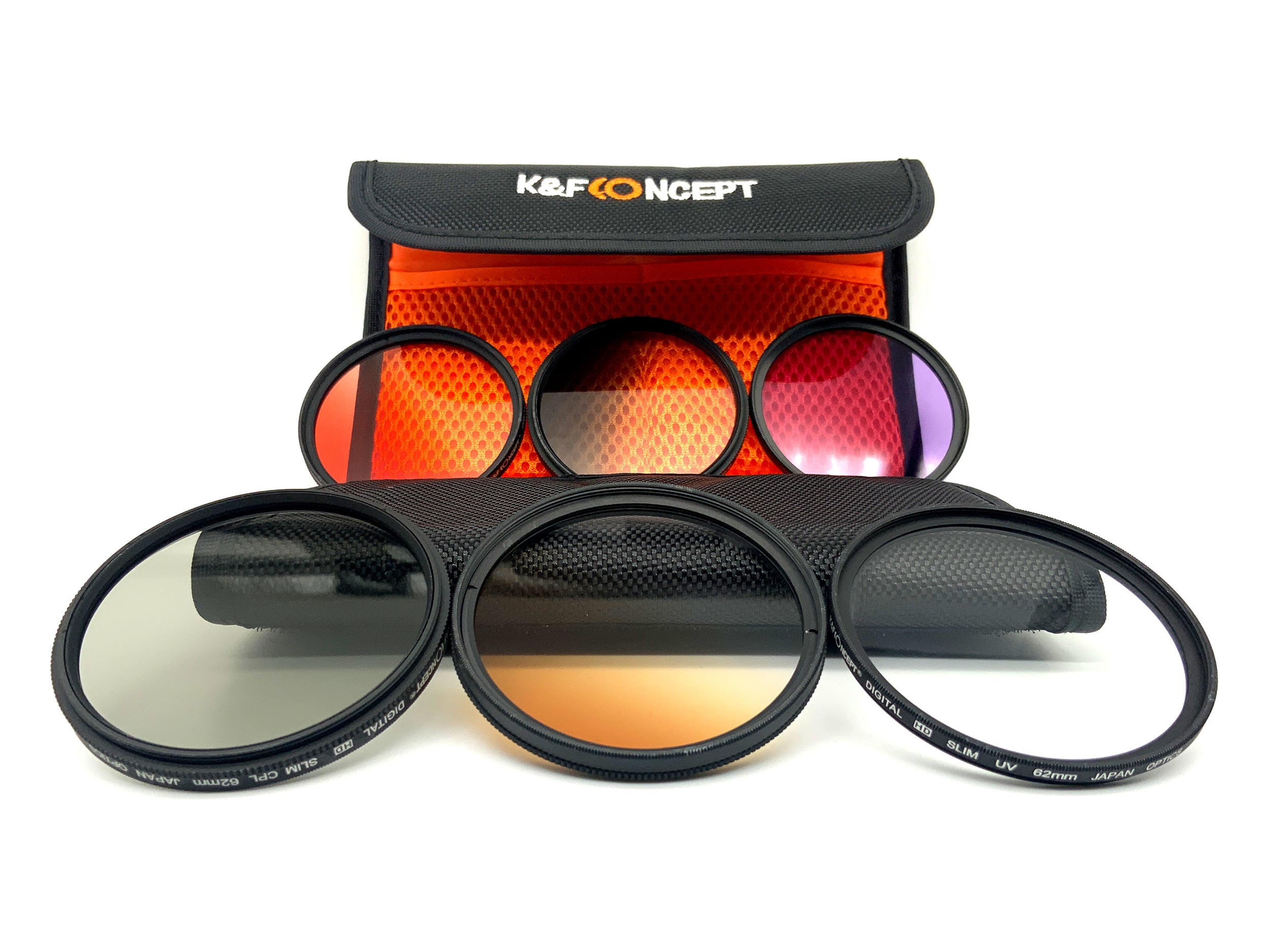 K&F Concept 6er Filterset UV, CPL, FLD, Verlaufsfilter Red/Green/Brown+Case 62mm