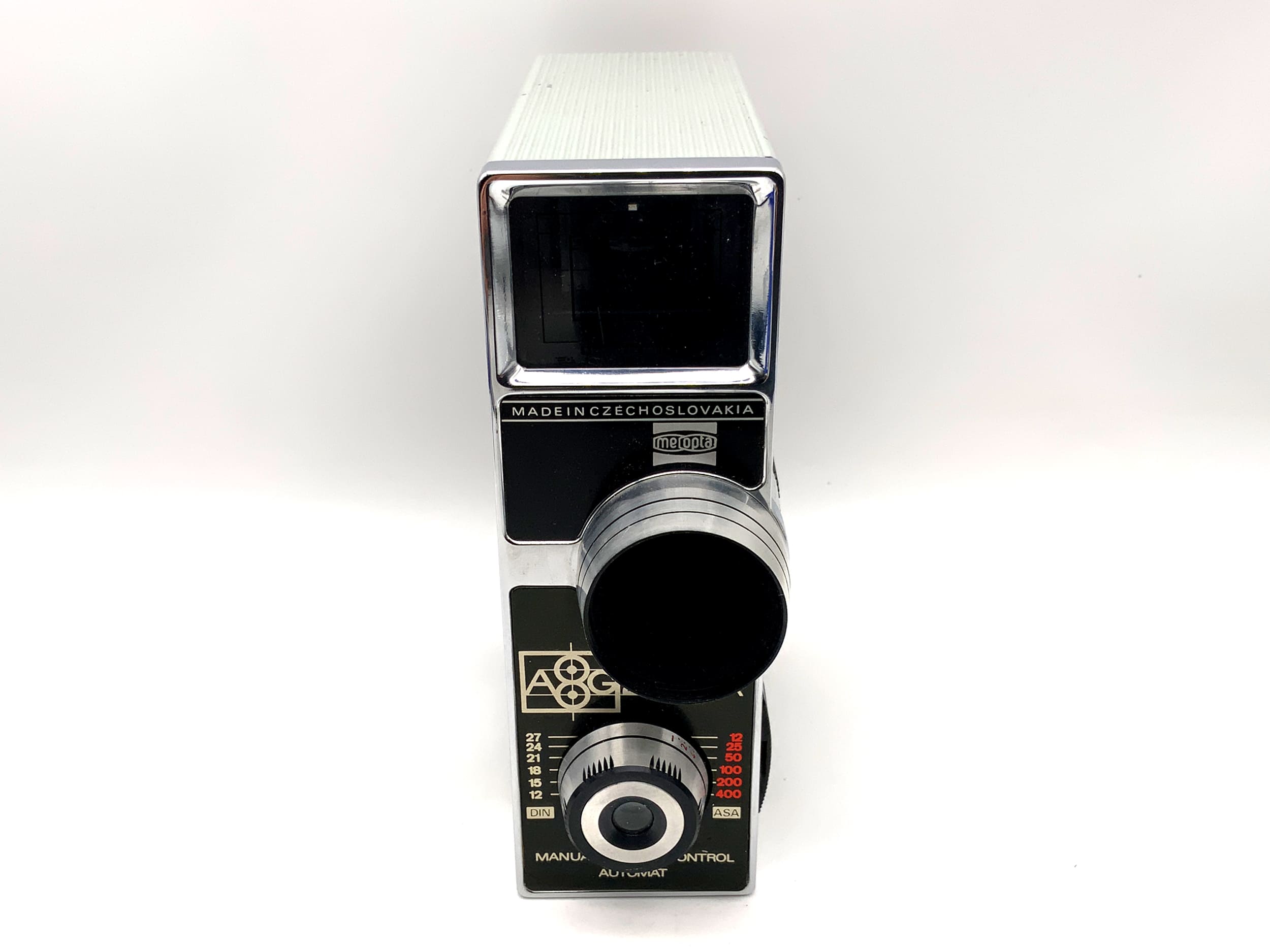 Meopta A8G2 Supra film camera with Mirar 2.8/13 lens and grip for dual 8mm film.