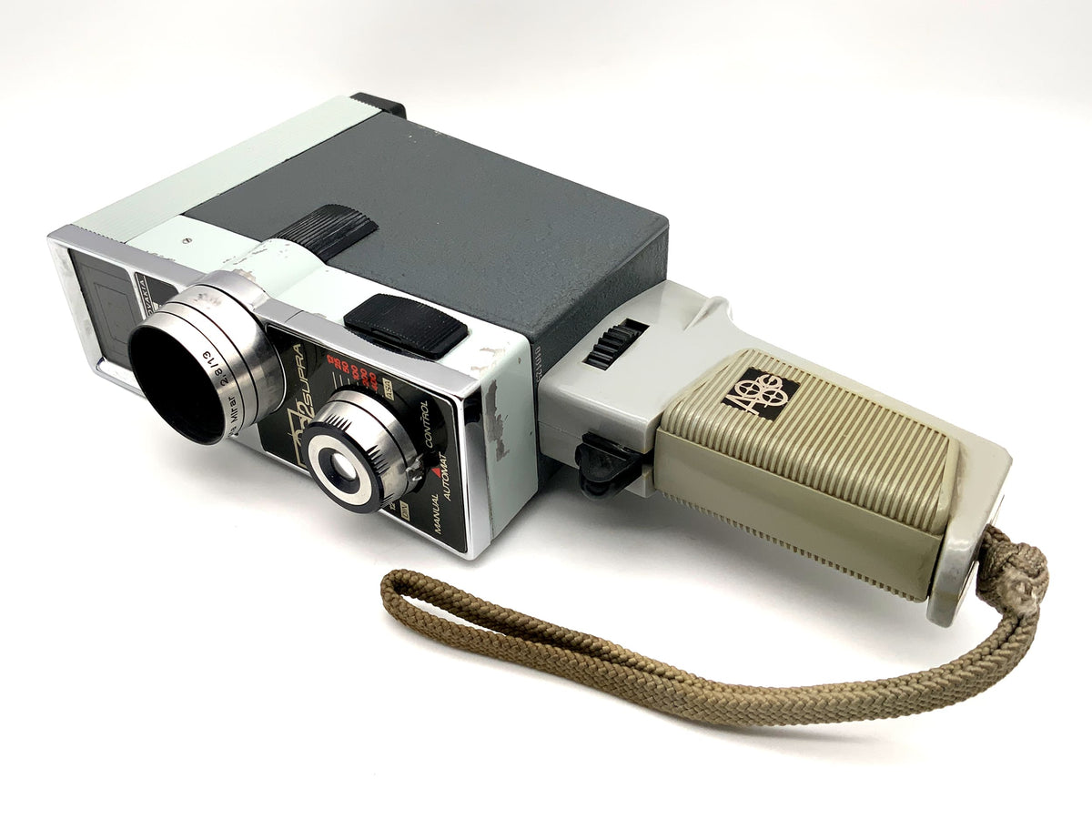 Meopta A8G2 Supra film camera with Mirar 2.8/13 lens and grip for dual 8mm film.